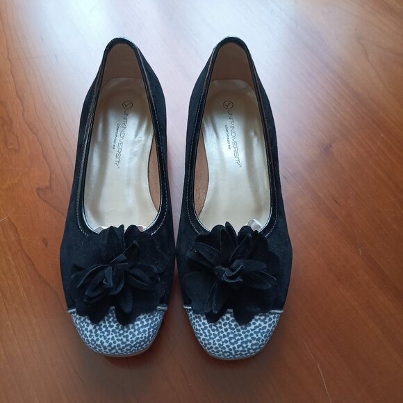 Women's Suede Black and Spotted Flats with Patent Leather Trim - Picture 1 of 6